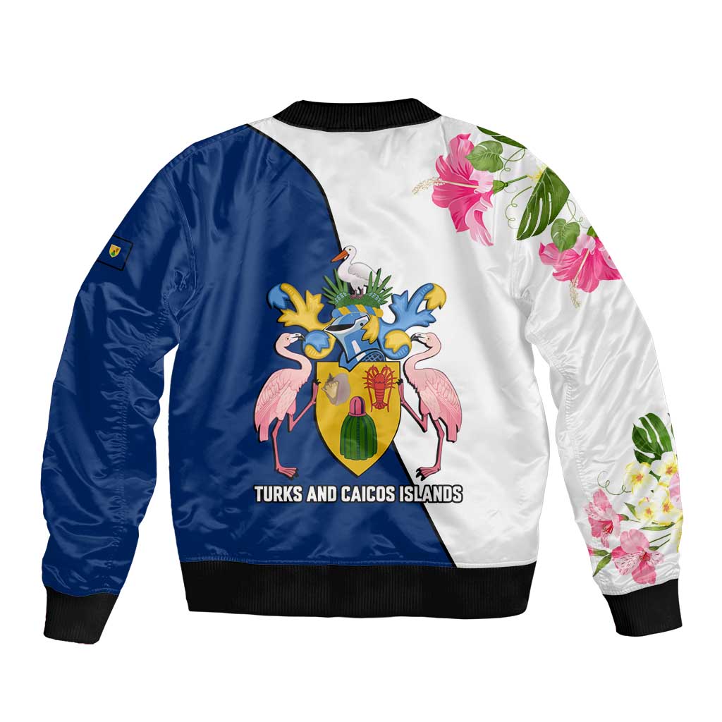 Turks and Caicos Islands Bomber Jacket with Flamingos Floral Pattern and National Crest Design - Wonder Print Shop