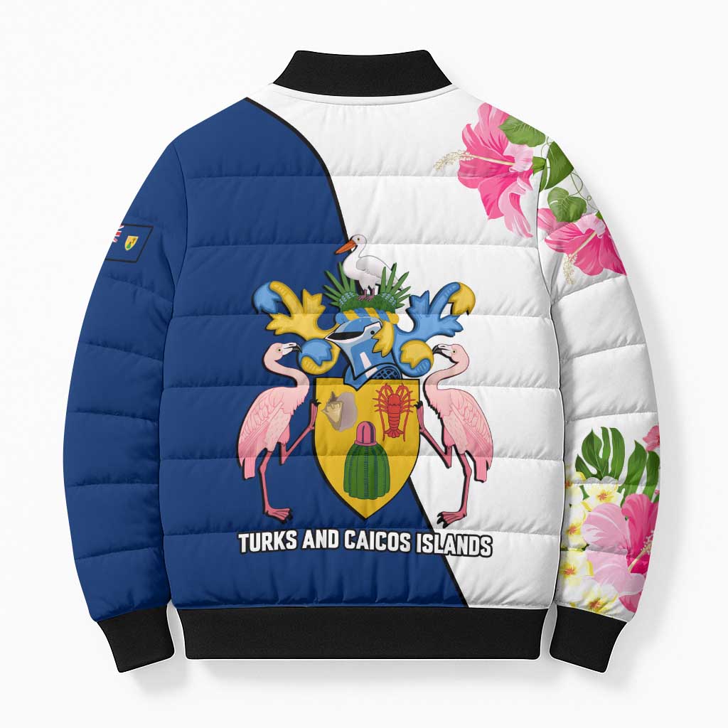 Turks and Caicos Islands Bomber Puffer Jacket with Flamingos Floral Pattern and National Crest Design - Wonder Print Shop