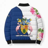 Turks and Caicos Islands Bomber Puffer Jacket with Flamingos Floral Pattern and National Crest Design - Wonder Print Shop