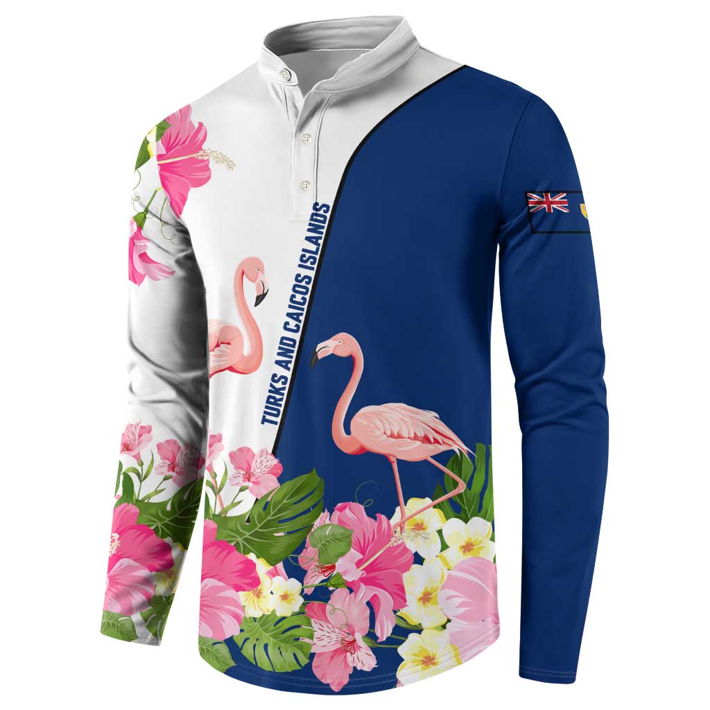 Turks and Caicos Islands Button Sweatshirt with Flamingos Floral Pattern and National Crest Design - Wonder Print Shop