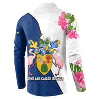 Turks and Caicos Islands Button Sweatshirt with Flamingos Floral Pattern and National Crest Design - Wonder Print Shop