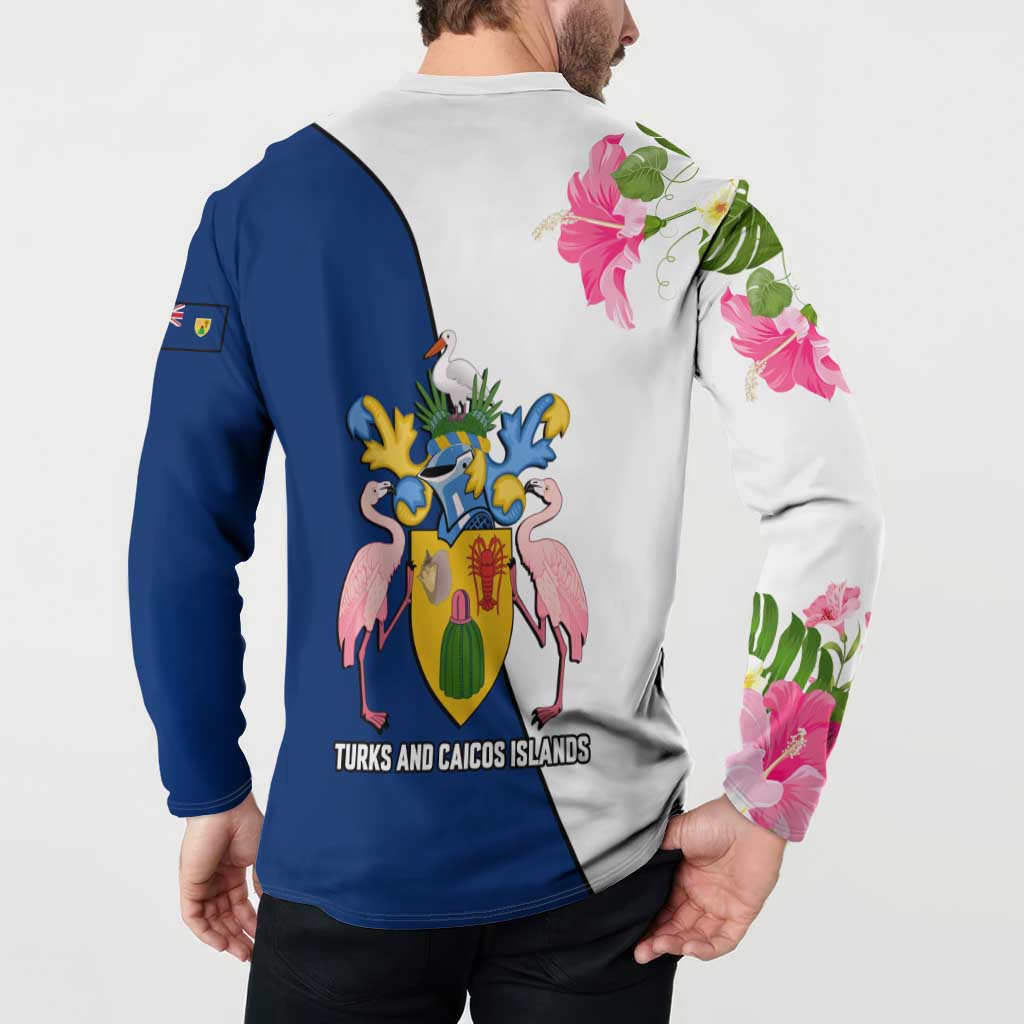 Turks and Caicos Islands Button Sweatshirt with Flamingos Floral Pattern and National Crest Design - Wonder Print Shop