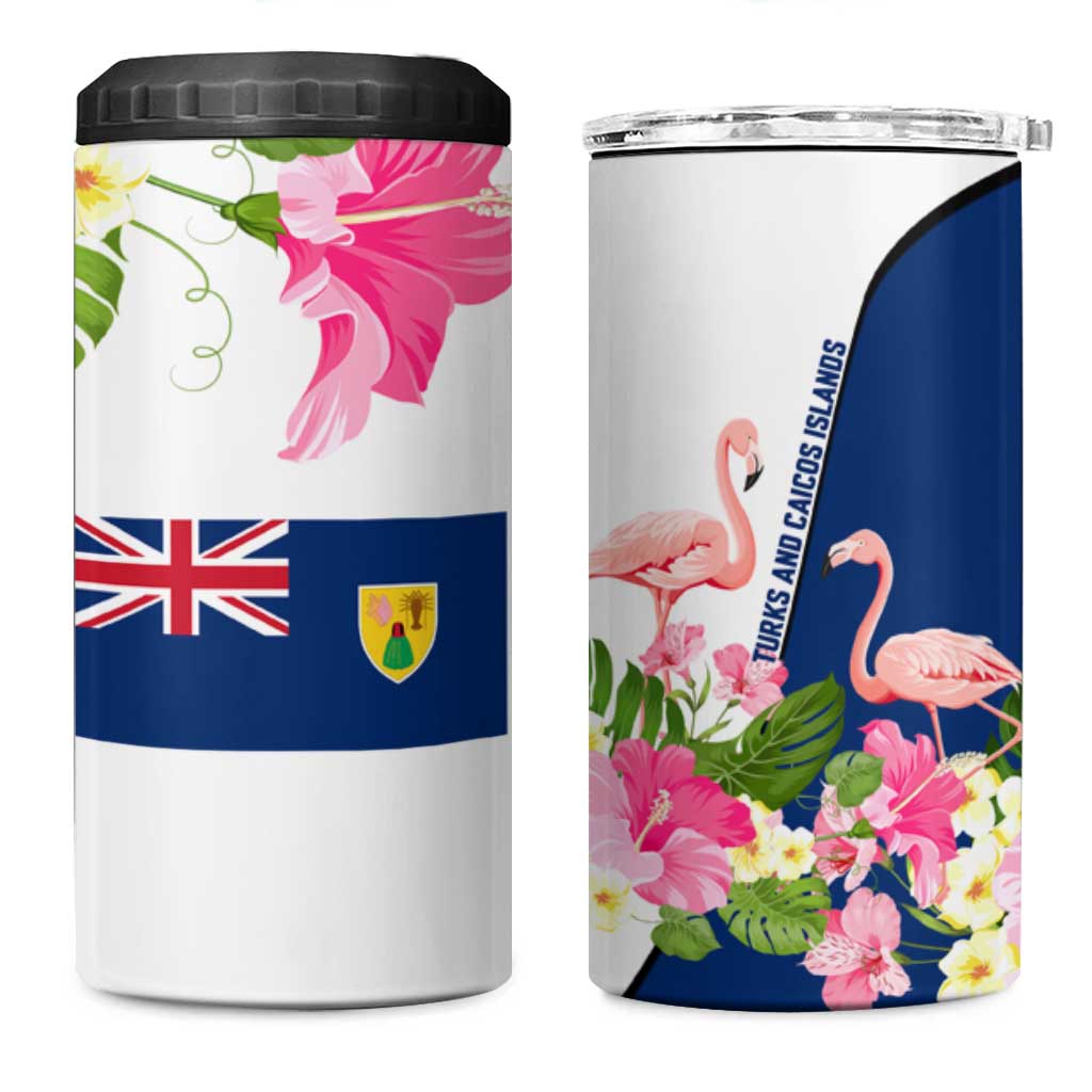 Turks and Caicos Islands 4 in 1 Can Cooler Tumbler with Flamingos Floral Pattern and National Crest Design - Wonder Print Shop