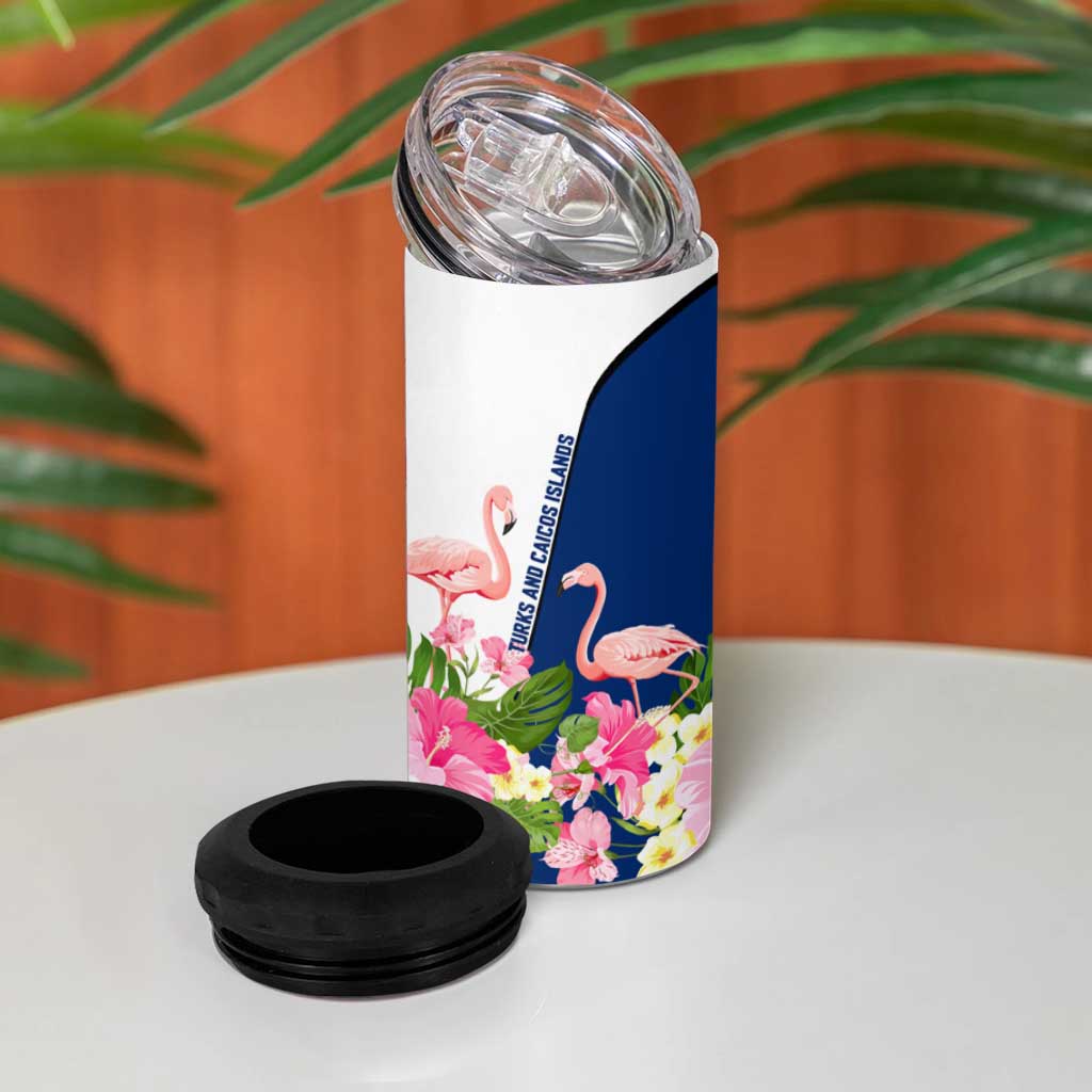Turks and Caicos Islands 4 in 1 Can Cooler Tumbler with Flamingos Floral Pattern and National Crest Design - Wonder Print Shop