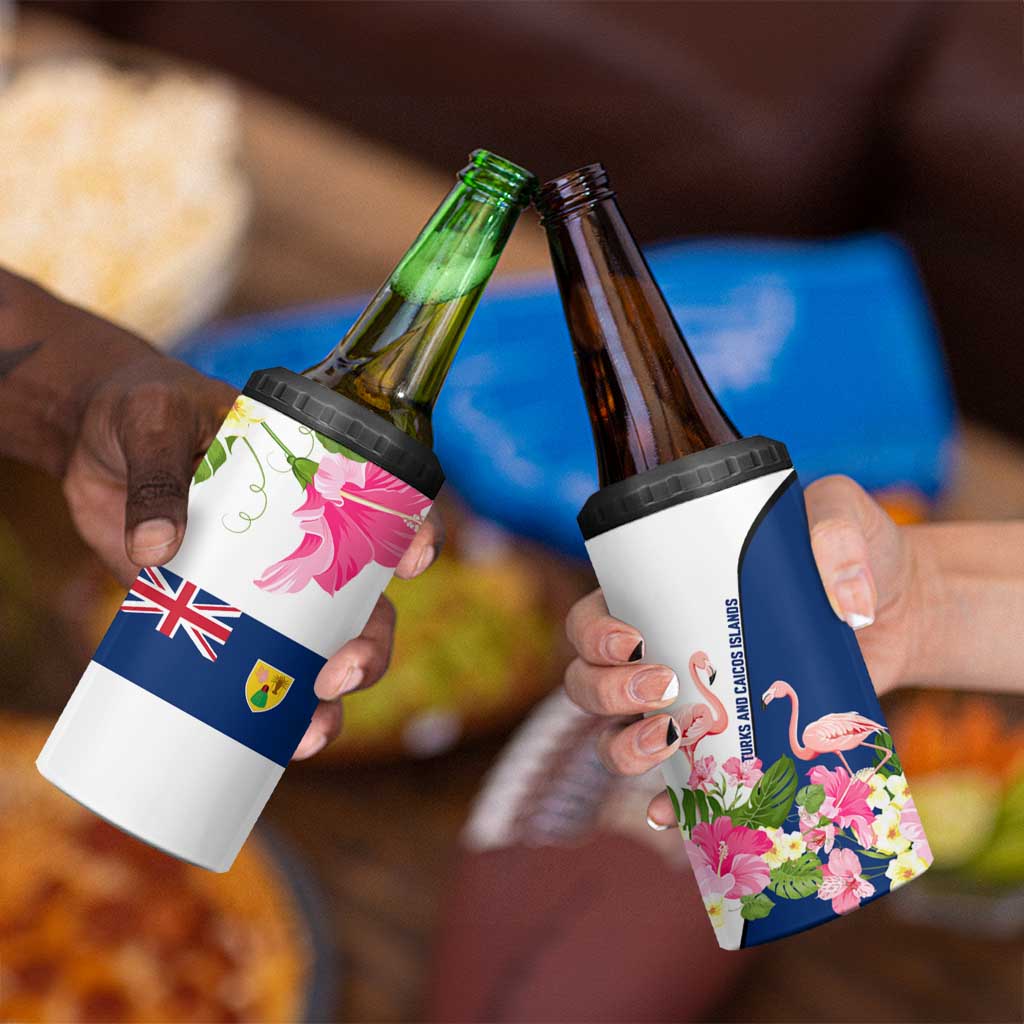 Turks and Caicos Islands 4 in 1 Can Cooler Tumbler with Flamingos Floral Pattern and National Crest Design - Wonder Print Shop