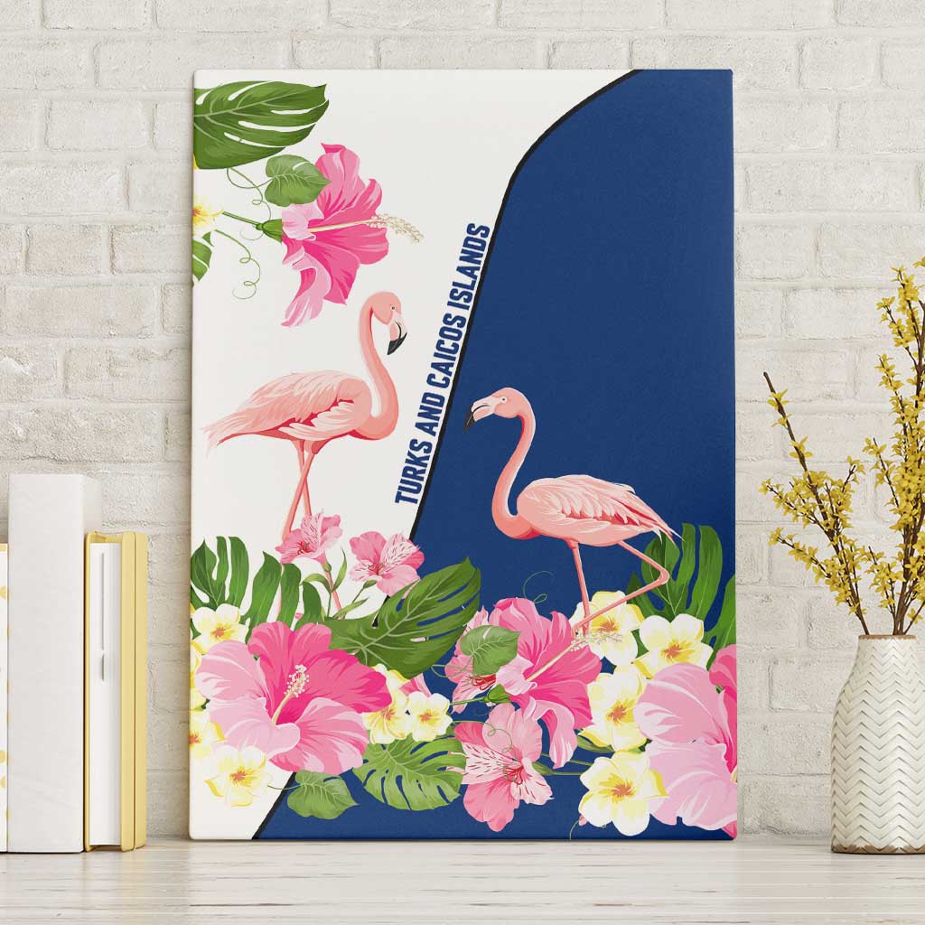 Turks and Caicos Islands Canvas Wall Art with Flamingos Floral Pattern and National Crest Design - Wonder Print Shop