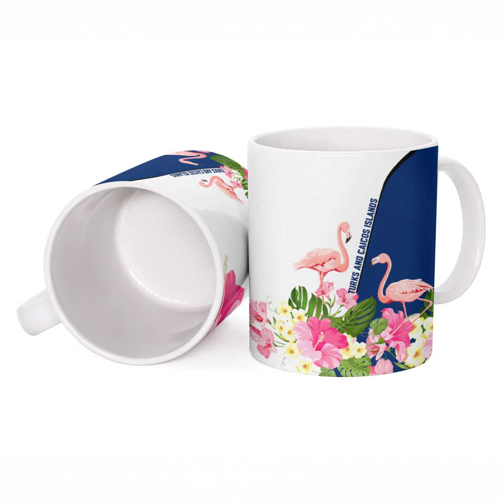 Turks and Caicos Islands Ceramic Mug with Flamingos Floral Pattern and National Crest Design - Wonder Print Shop