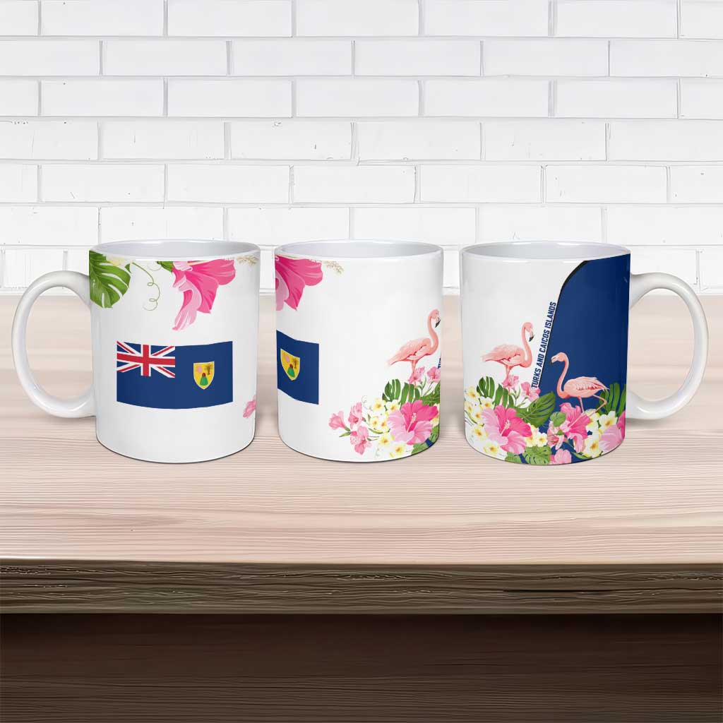 Turks and Caicos Islands Ceramic Mug with Flamingos Floral Pattern and National Crest Design - Wonder Print Shop