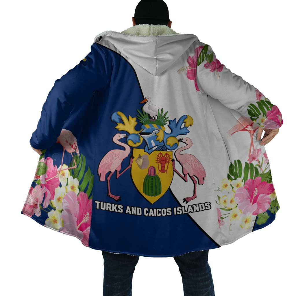 Turks and Caicos Islands Cloak with Flamingos Floral Pattern and National Crest Design - Wonder Print Shop