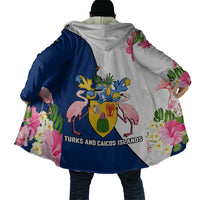 Turks and Caicos Islands Cloak with Flamingos Floral Pattern and National Crest Design - Wonder Print Shop
