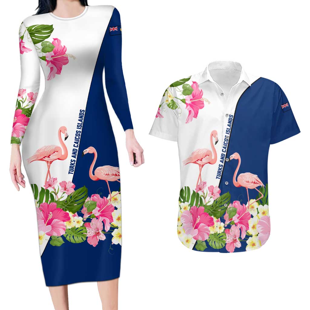 Turks and Caicos Islands Couples Matching Long Sleeve Bodycon Dress and Hawaiian Shirt with Flamingos Floral Pattern and National Crest Design - Wonder Print Shop