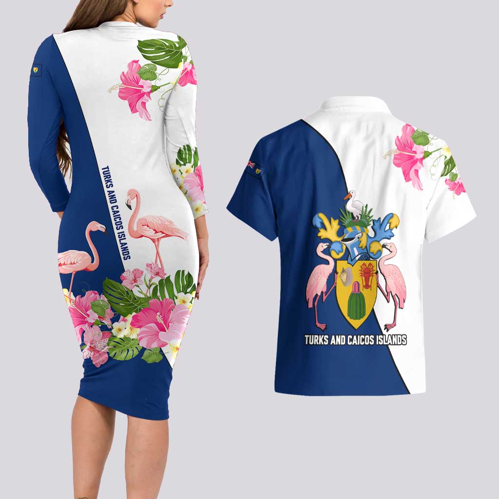 Turks and Caicos Islands Couples Matching Long Sleeve Bodycon Dress and Hawaiian Shirt with Flamingos Floral Pattern and National Crest Design - Wonder Print Shop