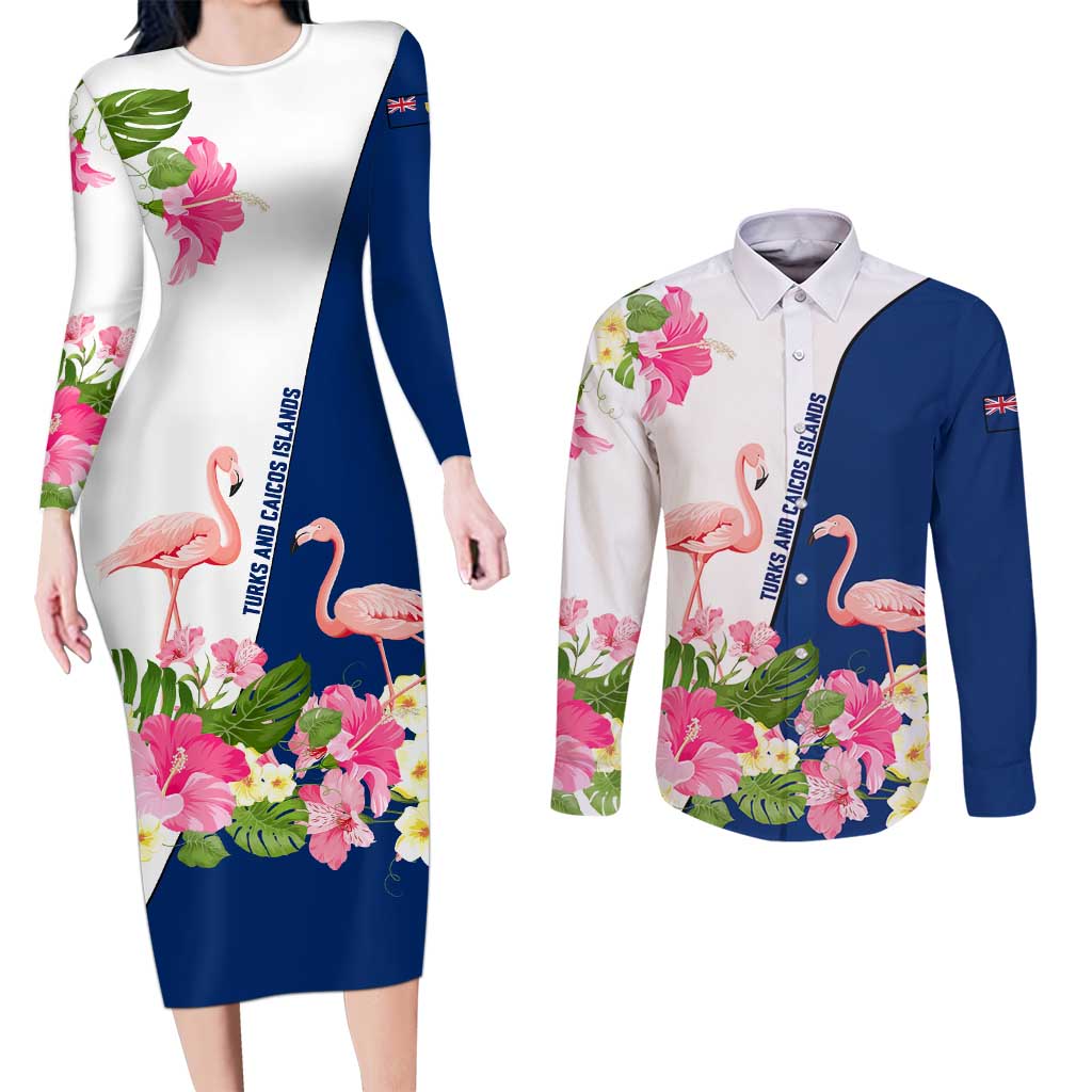 Turks and Caicos Islands Couples Matching Long Sleeve Bodycon Dress and Long Sleeve Button Shirt with Flamingos Floral Pattern and National Crest Design - Wonder Print Shop