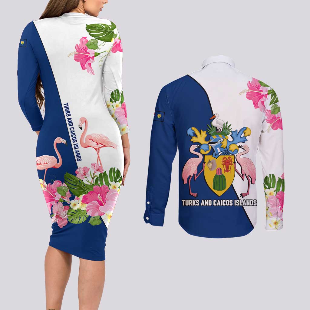 Turks and Caicos Islands Couples Matching Long Sleeve Bodycon Dress and Long Sleeve Button Shirt with Flamingos Floral Pattern and National Crest Design - Wonder Print Shop