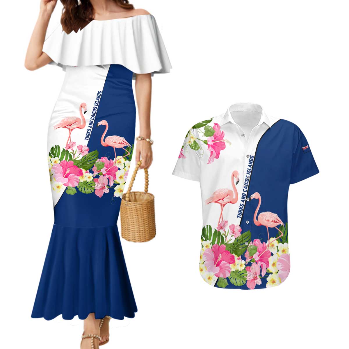 Turks and Caicos Islands Couples Matching Mermaid Dress and Hawaiian Shirt with Flamingos Floral Pattern and National Crest Design - Wonder Print Shop