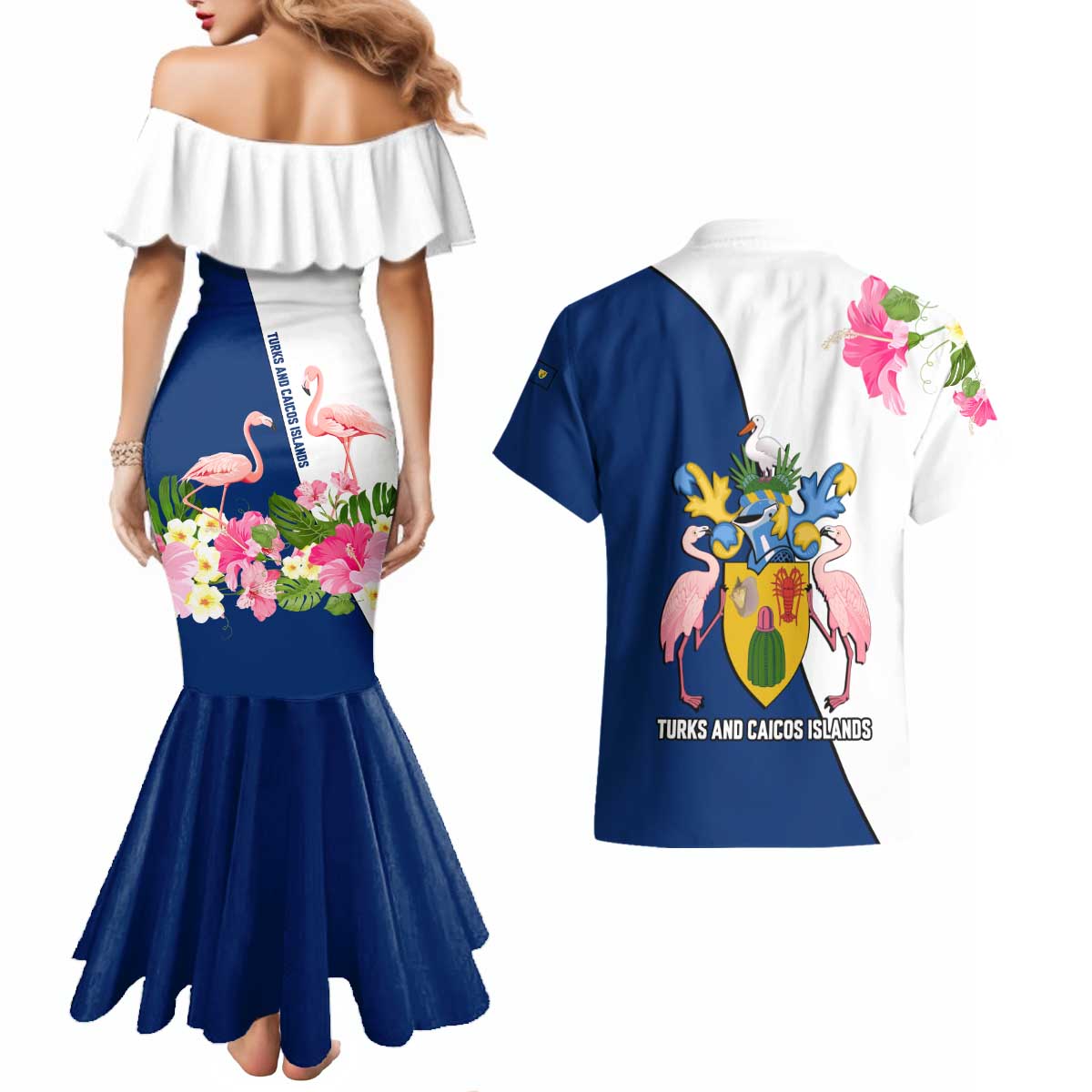 Turks and Caicos Islands Couples Matching Mermaid Dress and Hawaiian Shirt with Flamingos Floral Pattern and National Crest Design - Wonder Print Shop