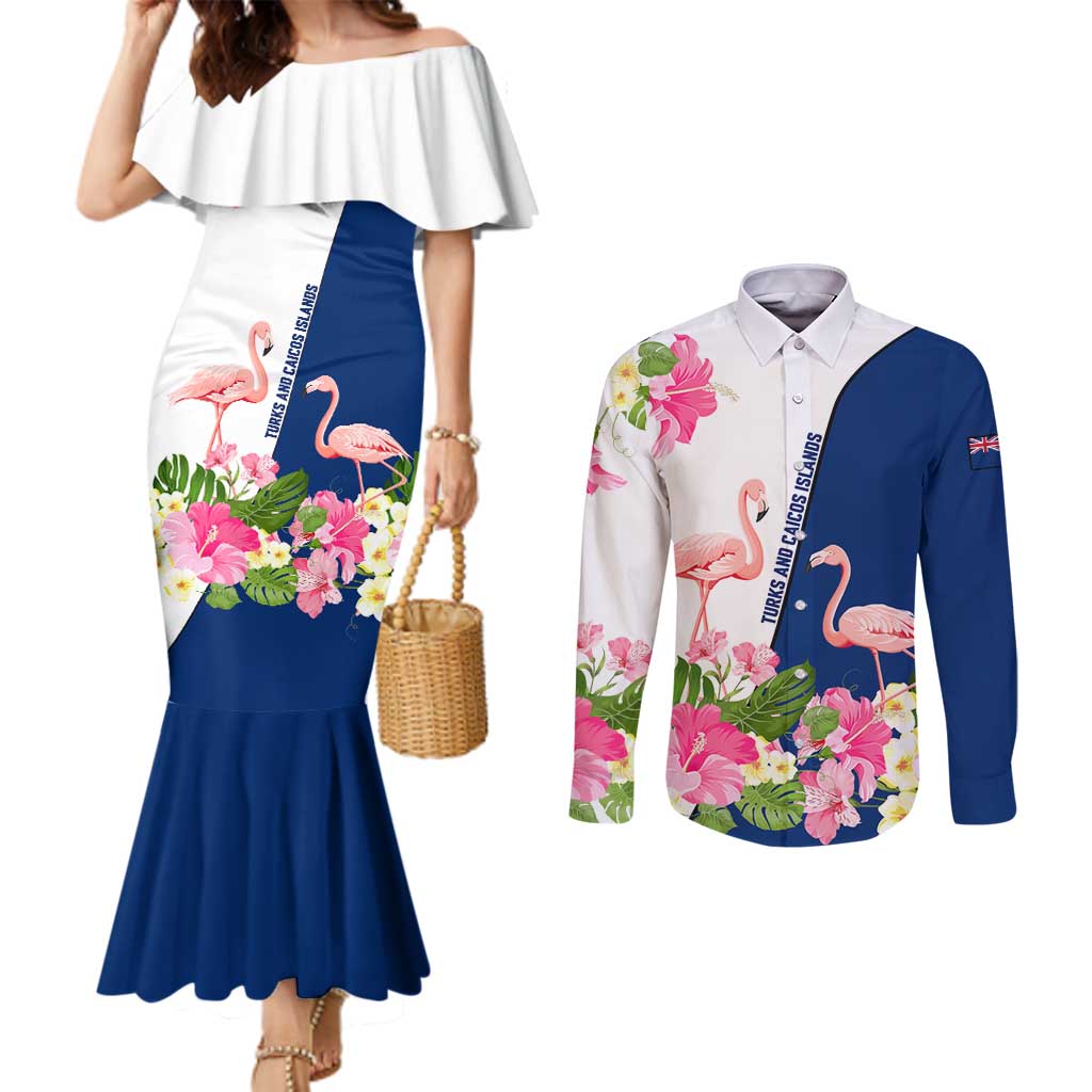 Turks and Caicos Islands Couples Matching Mermaid Dress and Long Sleeve Button Shirt with Flamingos Floral Pattern and National Crest Design - Wonder Print Shop