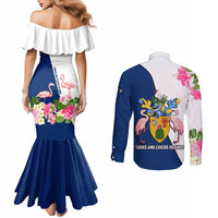 Turks and Caicos Islands Couples Matching Mermaid Dress and Long Sleeve Button Shirt with Flamingos Floral Pattern and National Crest Design - Wonder Print Shop