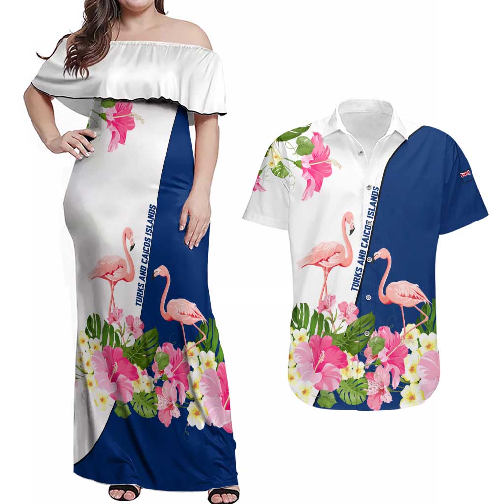Turks and Caicos Islands Couples Matching Off Shoulder Maxi Dress and Hawaiian Shirt with Flamingos Floral Pattern and National Crest Design - Wonder Print Shop