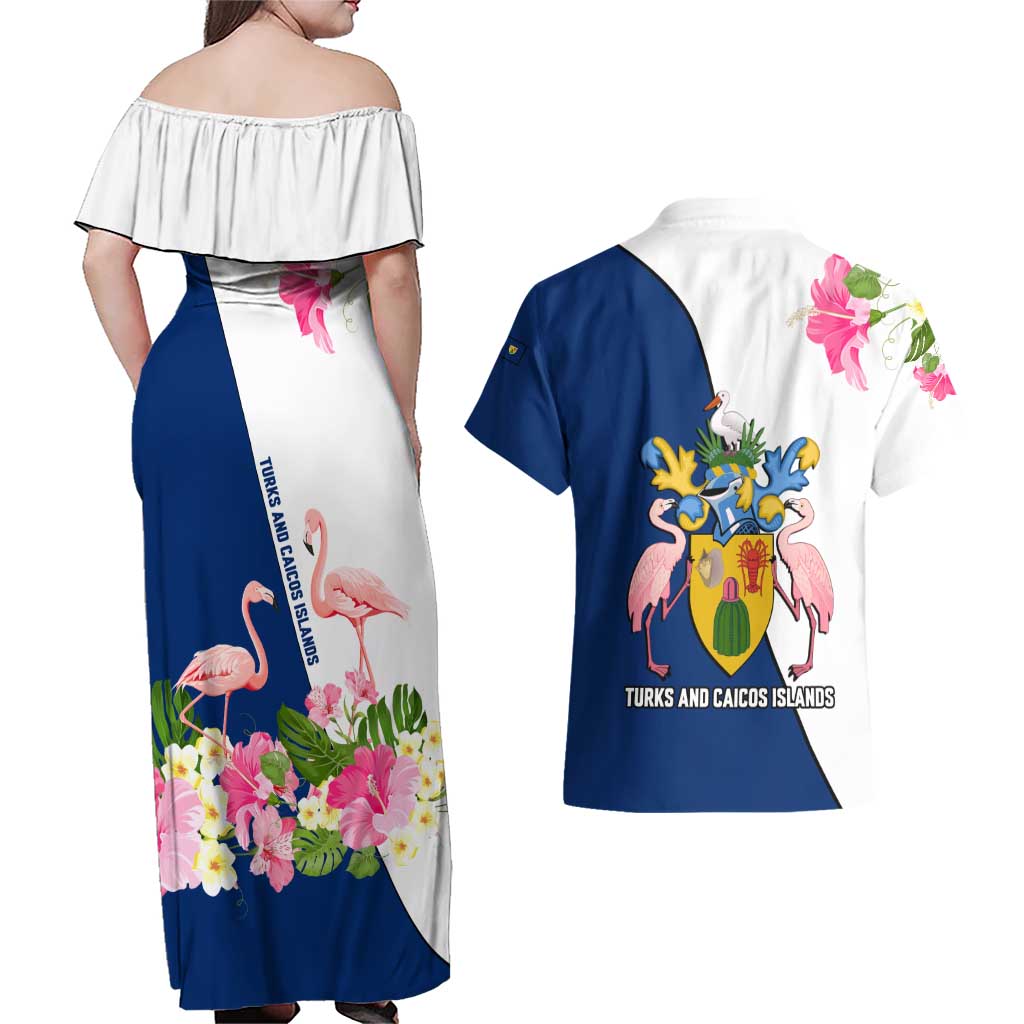 Turks and Caicos Islands Couples Matching Off Shoulder Maxi Dress and Hawaiian Shirt with Flamingos Floral Pattern and National Crest Design - Wonder Print Shop