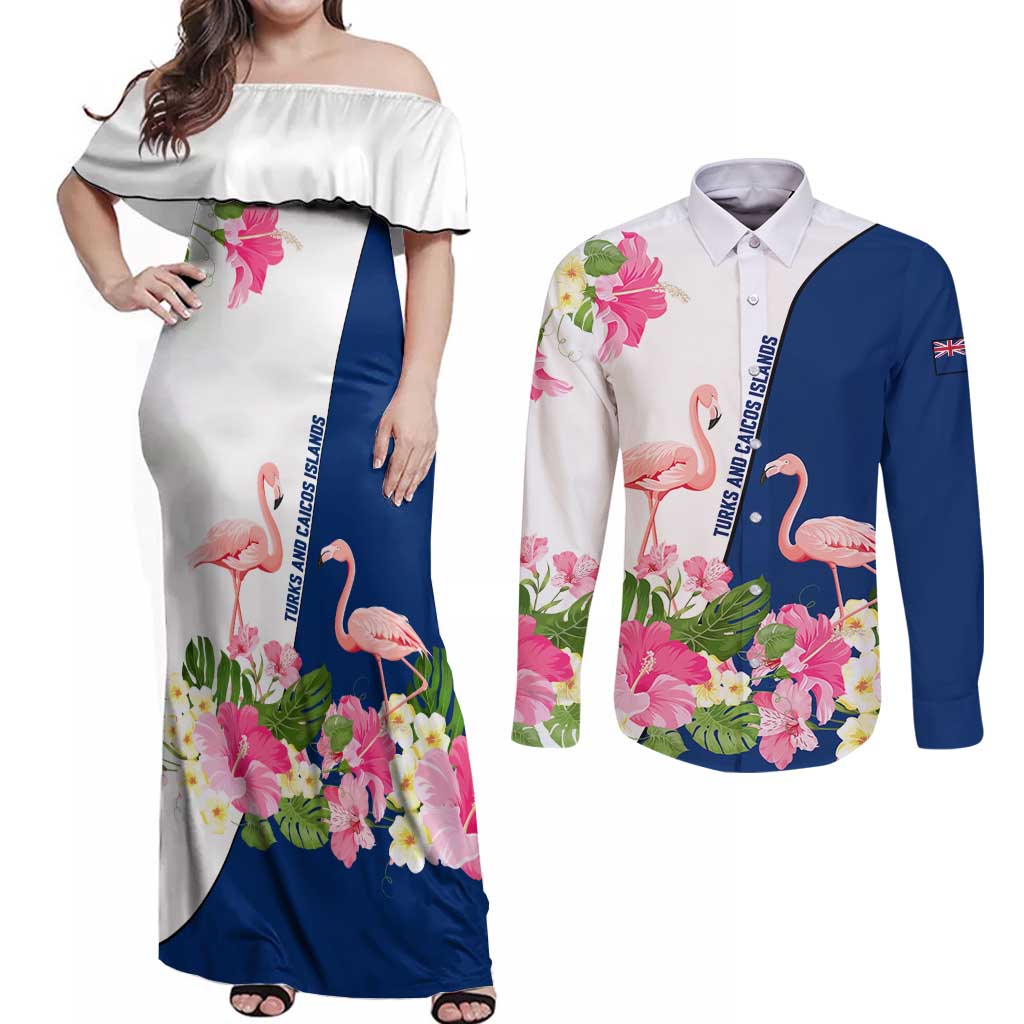 Turks and Caicos Islands Couples Matching Off Shoulder Maxi Dress and Long Sleeve Button Shirt with Flamingos Floral Pattern and National Crest Design - Wonder Print Shop