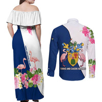 Turks and Caicos Islands Couples Matching Off Shoulder Maxi Dress and Long Sleeve Button Shirt with Flamingos Floral Pattern and National Crest Design - Wonder Print Shop