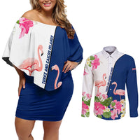 Turks and Caicos Islands Couples Matching Off Shoulder Short Dress and Long Sleeve Button Shirt with Flamingos Floral Pattern and National Crest Design - Wonder Print Shop