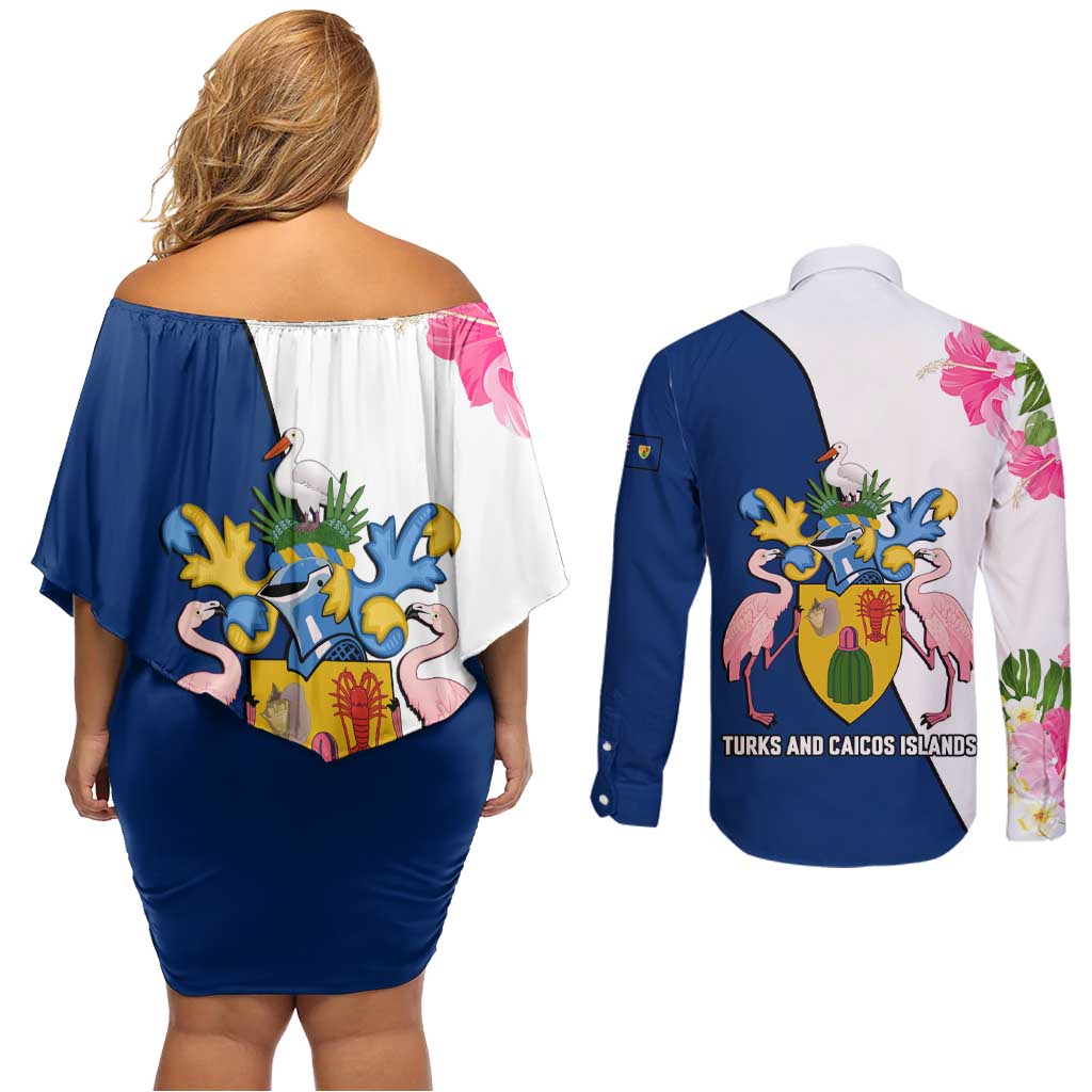 Turks and Caicos Islands Couples Matching Off Shoulder Short Dress and Long Sleeve Button Shirt with Flamingos Floral Pattern and National Crest Design - Wonder Print Shop
