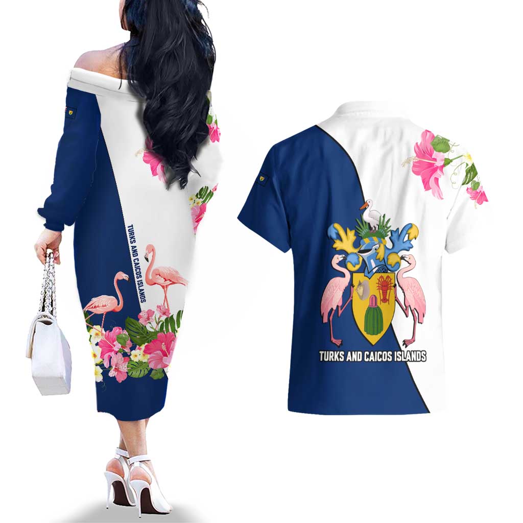 Turks and Caicos Islands Couples Matching Off The Shoulder Long Sleeve Dress and Hawaiian Shirt with Flamingos Floral Pattern and National Crest Design - Wonder Print Shop
