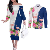 Turks and Caicos Islands Couples Matching Off The Shoulder Long Sleeve Dress and Long Sleeve Button Shirt with Flamingos Floral Pattern and National Crest Design - Wonder Print Shop