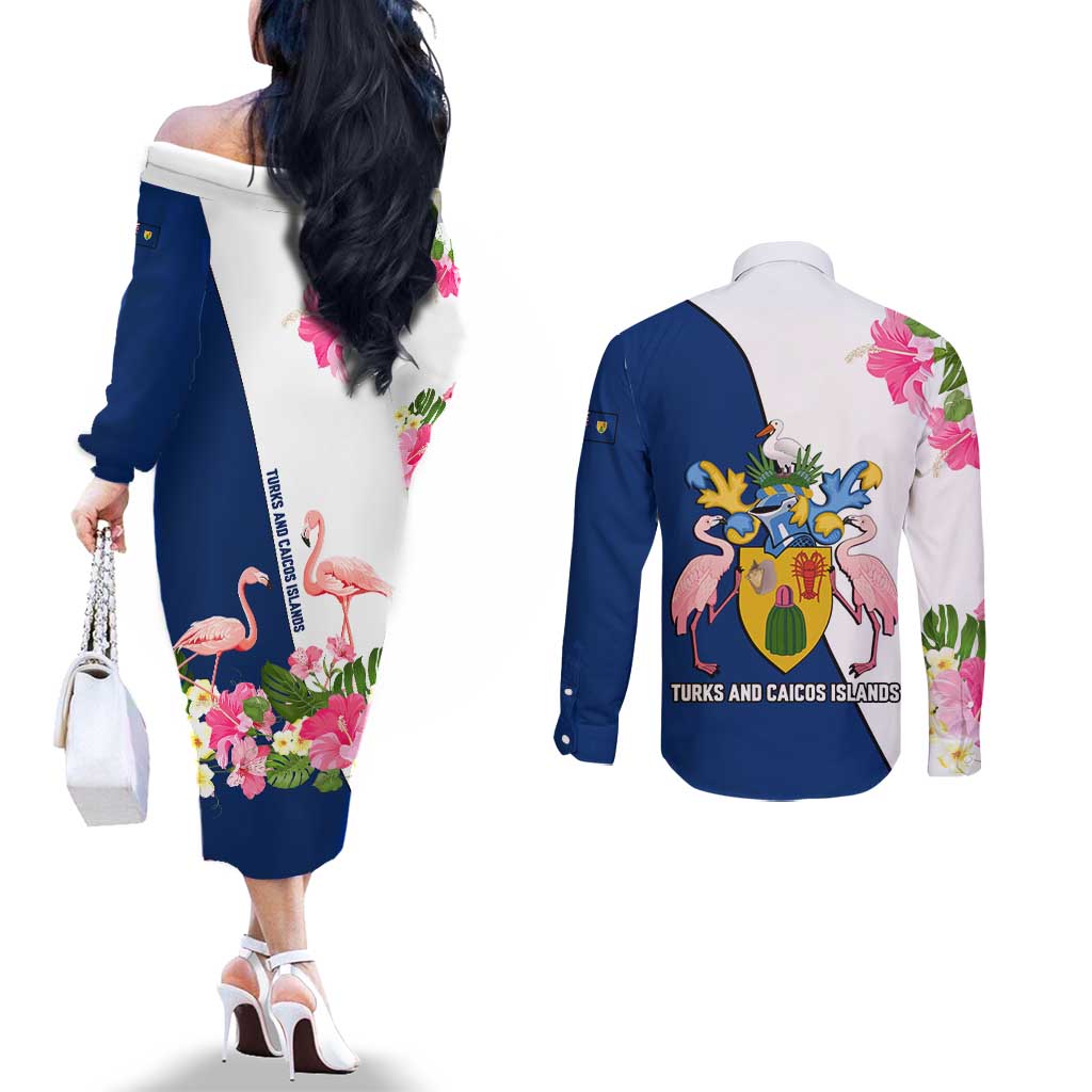 Turks and Caicos Islands Couples Matching Off The Shoulder Long Sleeve Dress and Long Sleeve Button Shirt with Flamingos Floral Pattern and National Crest Design - Wonder Print Shop