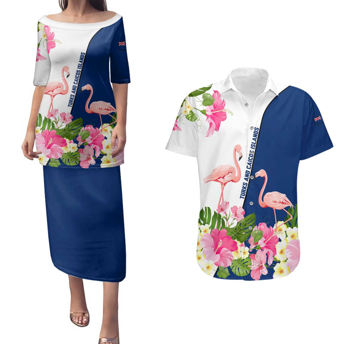 Turks and Caicos Islands Couples Matching Puletasi and Hawaiian Shirt with Flamingos Floral Pattern and National Crest Design - Wonder Print Shop