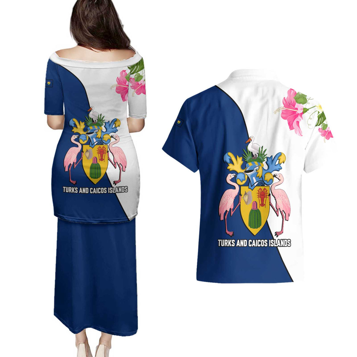 Turks and Caicos Islands Couples Matching Puletasi and Hawaiian Shirt with Flamingos Floral Pattern and National Crest Design - Wonder Print Shop