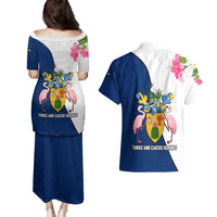 Turks and Caicos Islands Couples Matching Puletasi and Hawaiian Shirt with Flamingos Floral Pattern and National Crest Design - Wonder Print Shop