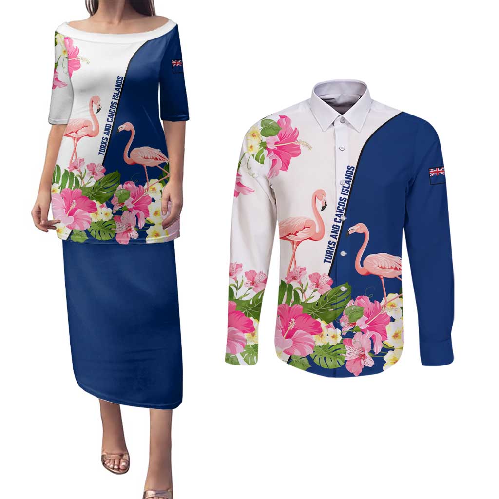 Turks and Caicos Islands Couples Matching Puletasi and Long Sleeve Button Shirt with Flamingos Floral Pattern and National Crest Design - Wonder Print Shop