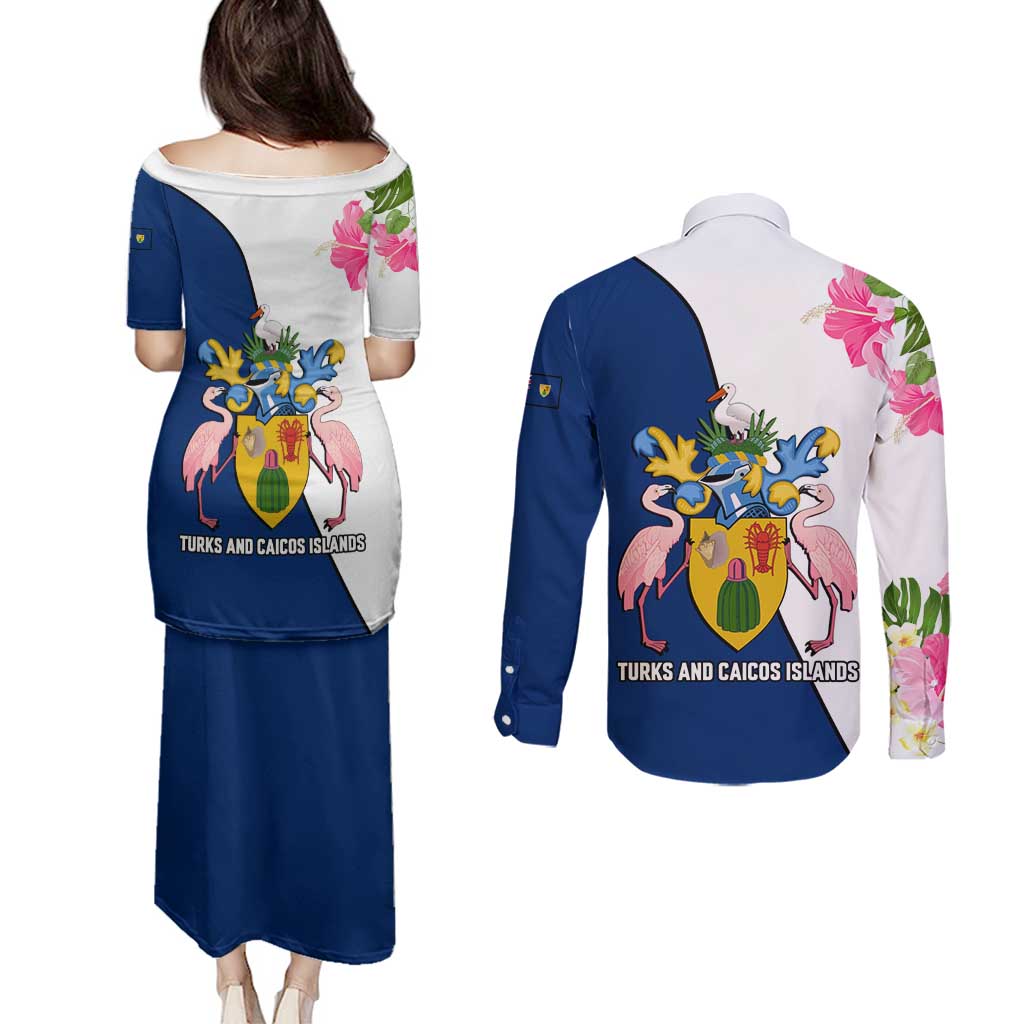 Turks and Caicos Islands Couples Matching Puletasi and Long Sleeve Button Shirt with Flamingos Floral Pattern and National Crest Design - Wonder Print Shop