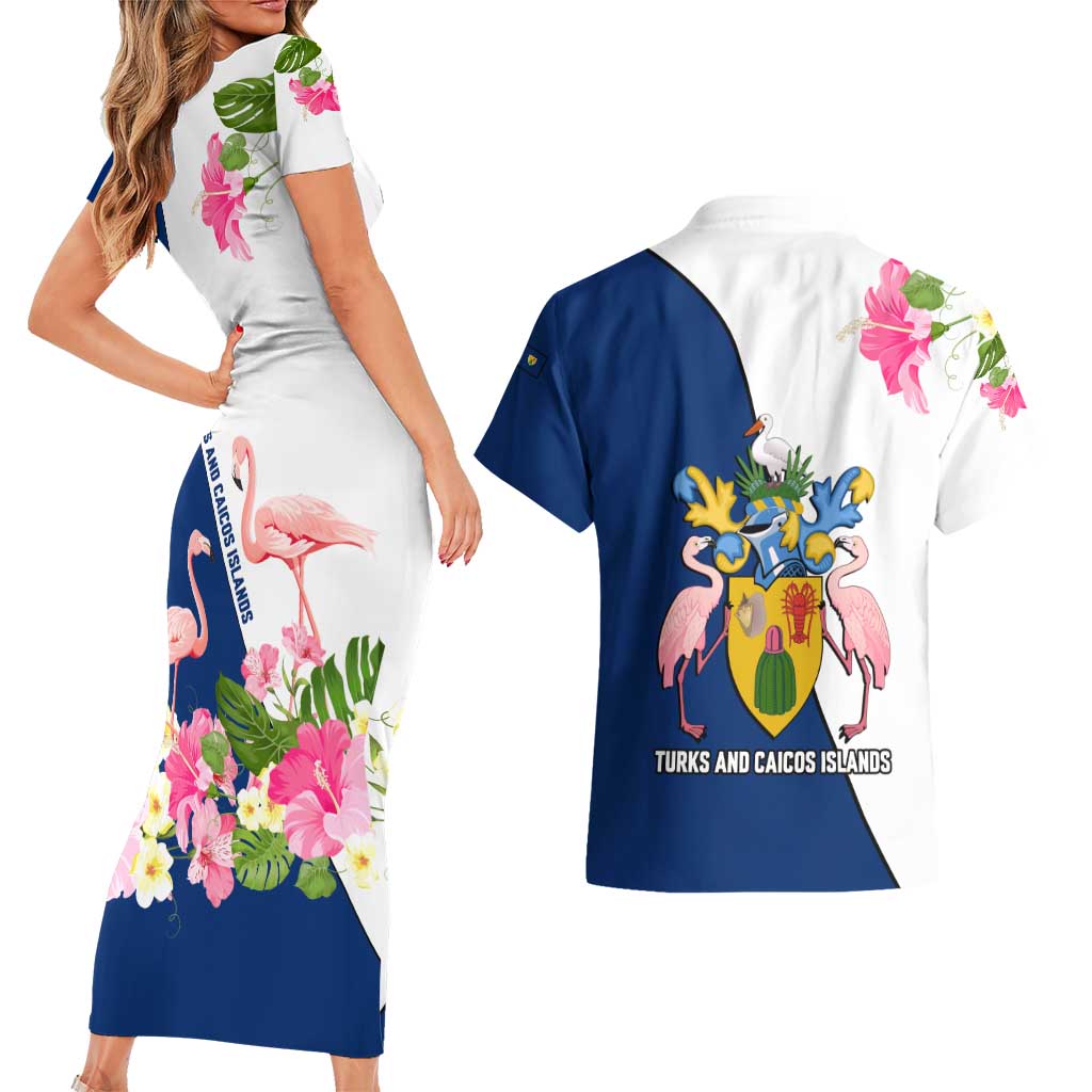 Turks and Caicos Islands Couples Matching Short Sleeve Bodycon Dress and Hawaiian Shirt with Flamingos Floral Pattern and National Crest Design - Wonder Print Shop