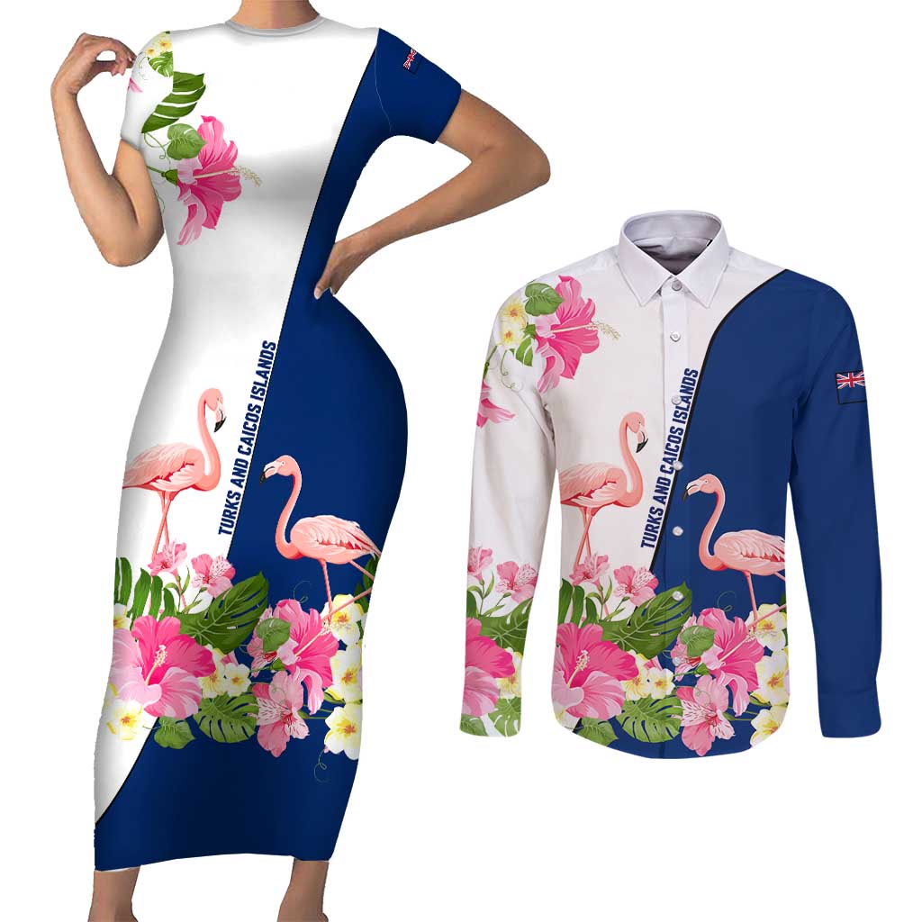 Turks and Caicos Islands Couples Matching Short Sleeve Bodycon Dress and Long Sleeve Button Shirt with Flamingos Floral Pattern and National Crest Design - Wonder Print Shop