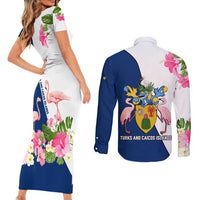 Turks and Caicos Islands Couples Matching Short Sleeve Bodycon Dress and Long Sleeve Button Shirt with Flamingos Floral Pattern and National Crest Design - Wonder Print Shop
