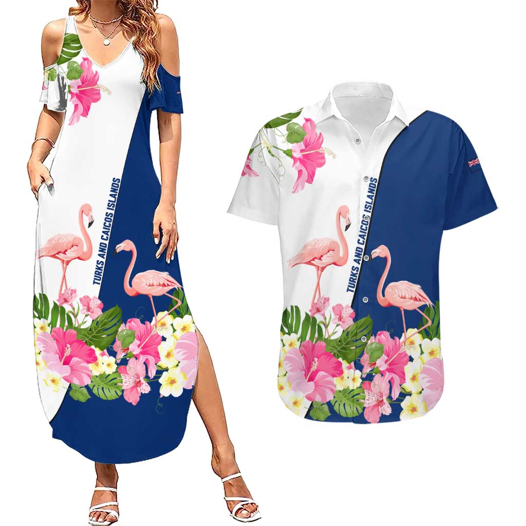 Turks and Caicos Islands Couples Matching Summer Maxi Dress and Hawaiian Shirt with Flamingos Floral Pattern and National Crest Design - Wonder Print Shop