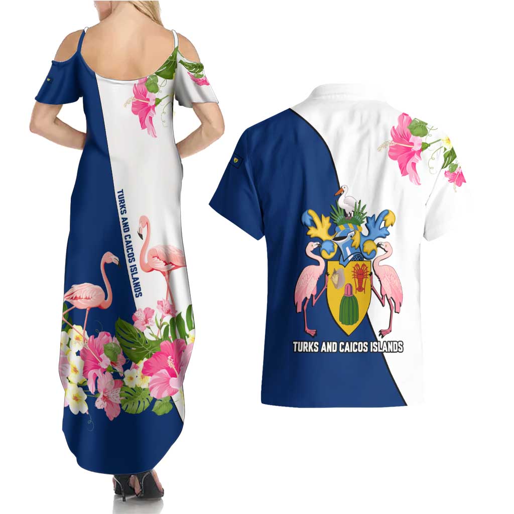 Turks and Caicos Islands Couples Matching Summer Maxi Dress and Hawaiian Shirt with Flamingos Floral Pattern and National Crest Design - Wonder Print Shop