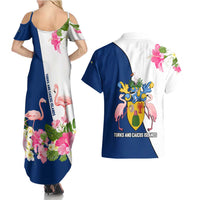 Turks and Caicos Islands Couples Matching Summer Maxi Dress and Hawaiian Shirt with Flamingos Floral Pattern and National Crest Design - Wonder Print Shop