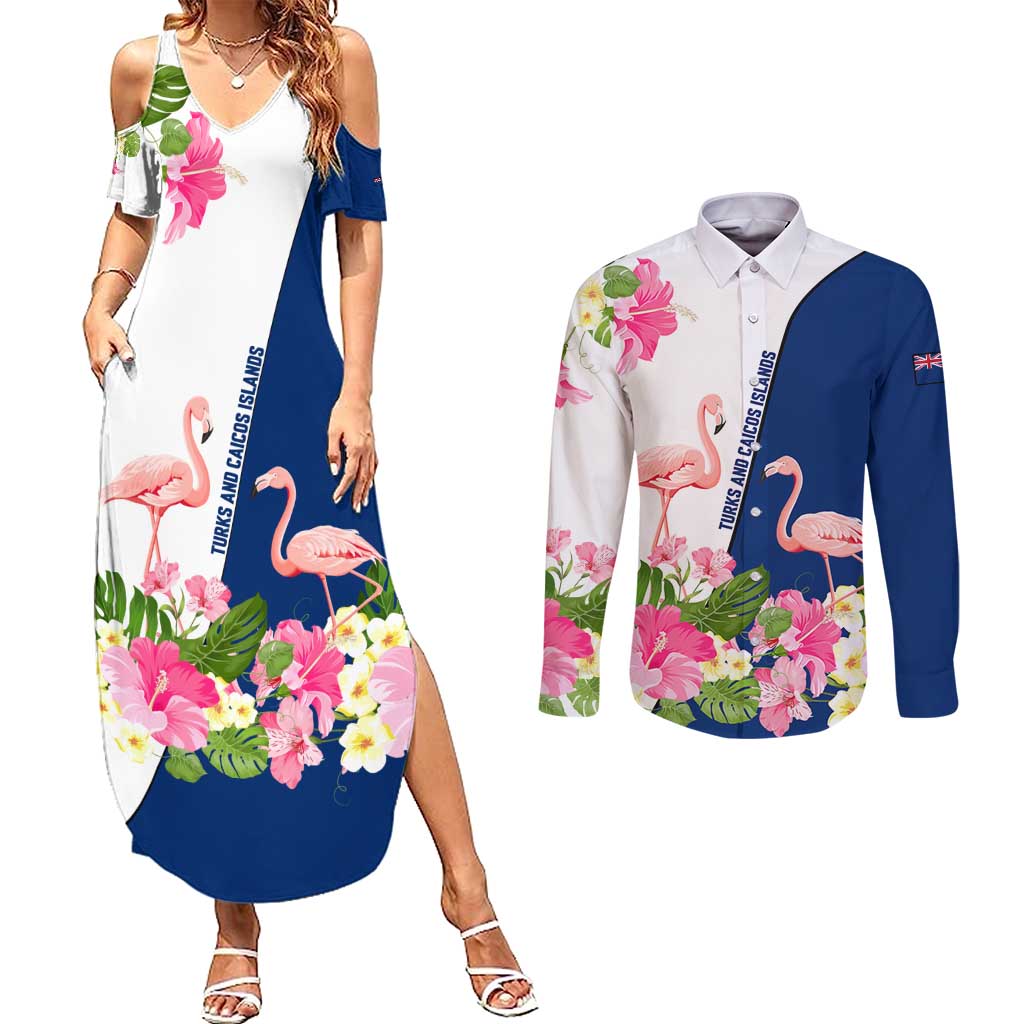 Turks and Caicos Islands Couples Matching Summer Maxi Dress and Long Sleeve Button Shirt with Flamingos Floral Pattern and National Crest Design - Wonder Print Shop
