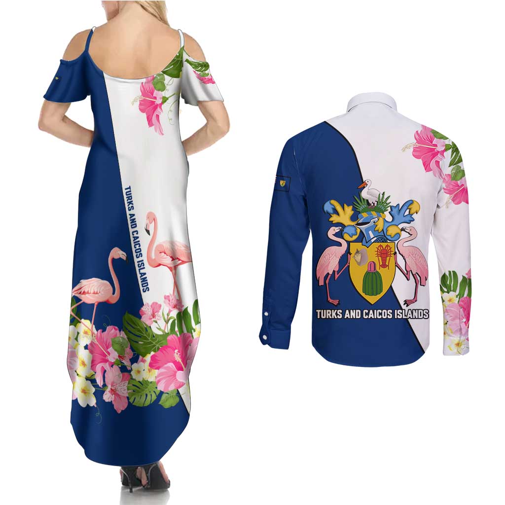 Turks and Caicos Islands Couples Matching Summer Maxi Dress and Long Sleeve Button Shirt with Flamingos Floral Pattern and National Crest Design - Wonder Print Shop