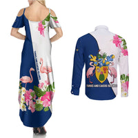 Turks and Caicos Islands Couples Matching Summer Maxi Dress and Long Sleeve Button Shirt with Flamingos Floral Pattern and National Crest Design - Wonder Print Shop