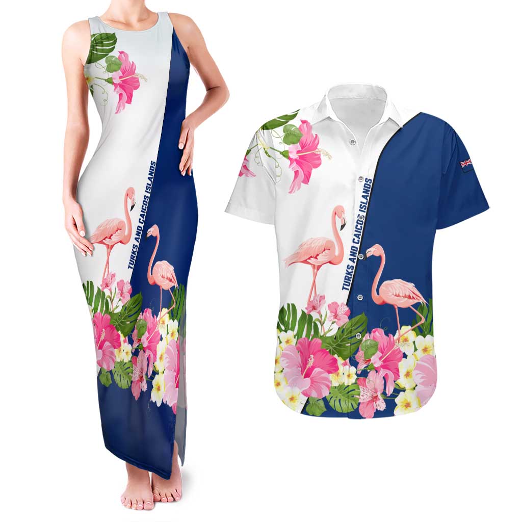 Turks and Caicos Islands Couples Matching Tank Maxi Dress and Hawaiian Shirt with Flamingos Floral Pattern and National Crest Design - Wonder Print Shop