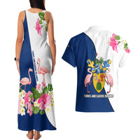 Turks and Caicos Islands Couples Matching Tank Maxi Dress and Hawaiian Shirt with Flamingos Floral Pattern and National Crest Design - Wonder Print Shop