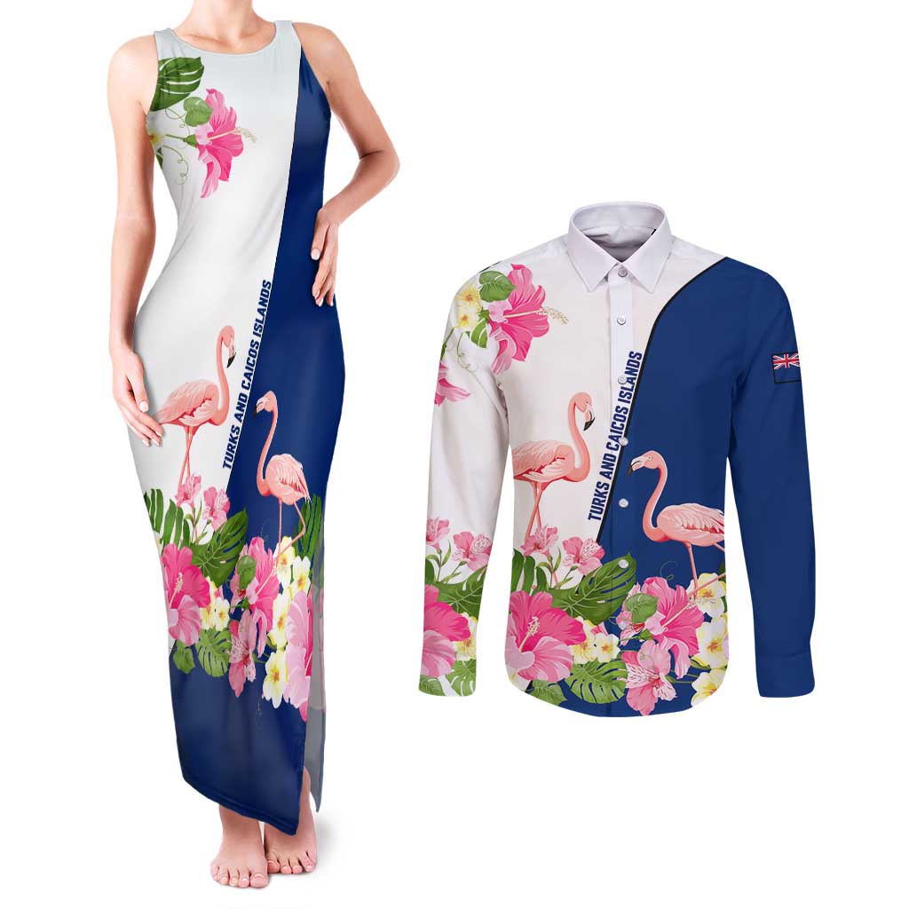 Turks and Caicos Islands Couples Matching Tank Maxi Dress and Long Sleeve Button Shirt with Flamingos Floral Pattern and National Crest Design - Wonder Print Shop