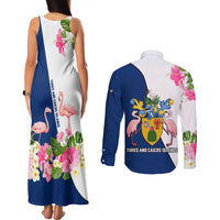 Turks and Caicos Islands Couples Matching Tank Maxi Dress and Long Sleeve Button Shirt with Flamingos Floral Pattern and National Crest Design - Wonder Print Shop