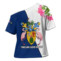 Turks and Caicos Islands Cross Shoulder Shirt with Flamingos Floral Pattern and National Crest Design - Wonder Print Shop